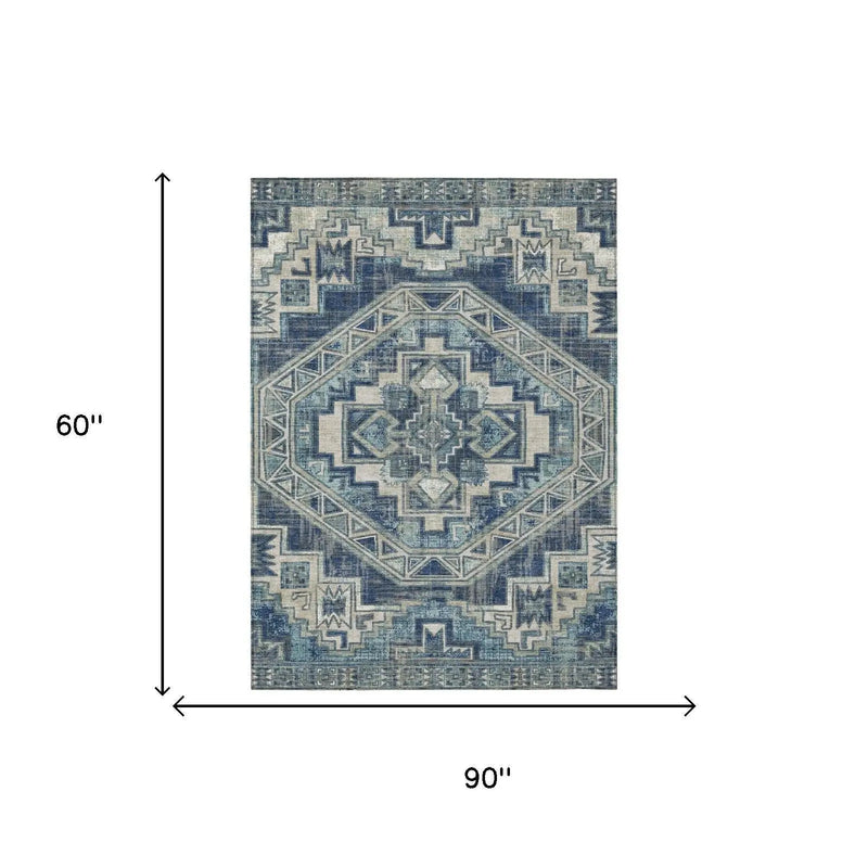 5' X 8' Navy Blue And Blue Southwestern Washable Indoor Outdoor Area Rug Homeroots Outdoor
