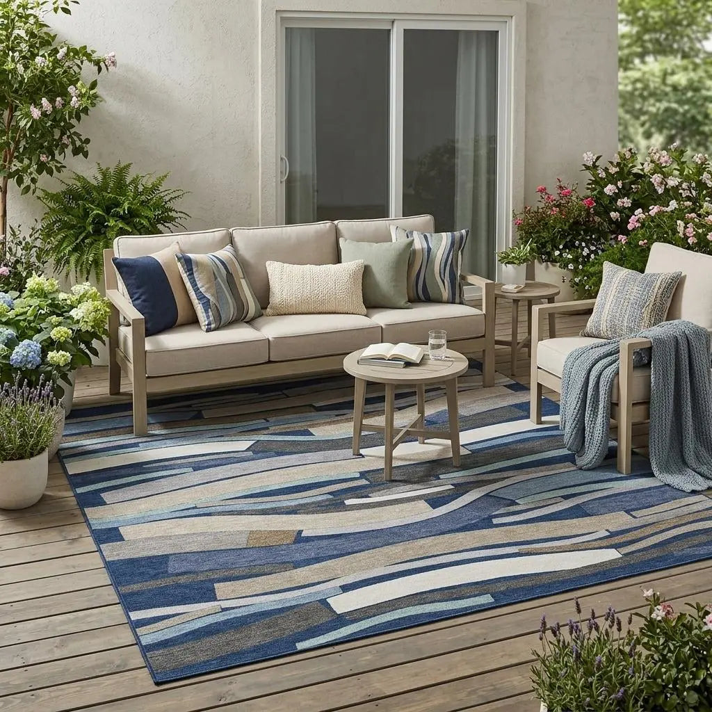5' X 8' Navy Blue And Blue Striped Washable Indoor Outdoor Area Rug Homeroots Outdoor