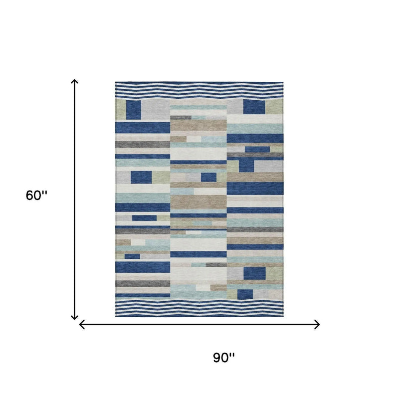 5' X 8' Navy Blue And Blue Striped Washable Indoor Outdoor Area Rug Homeroots Outdoor