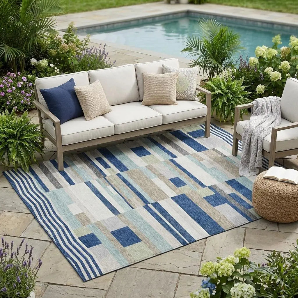 5' X 8' Navy Blue And Blue Striped Washable Indoor Outdoor Area Rug Homeroots Outdoor