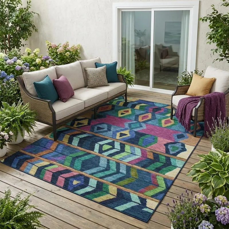 5' X 8' Navy Blue And Blue Tribal Washable Indoor Outdoor Area Rug Homeroots Outdoor