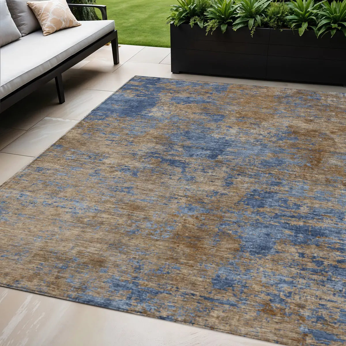 5' X 8' Navy Blue And Brown Abstract Washable Indoor Outdoor Area Rug Homeroots Outdoor