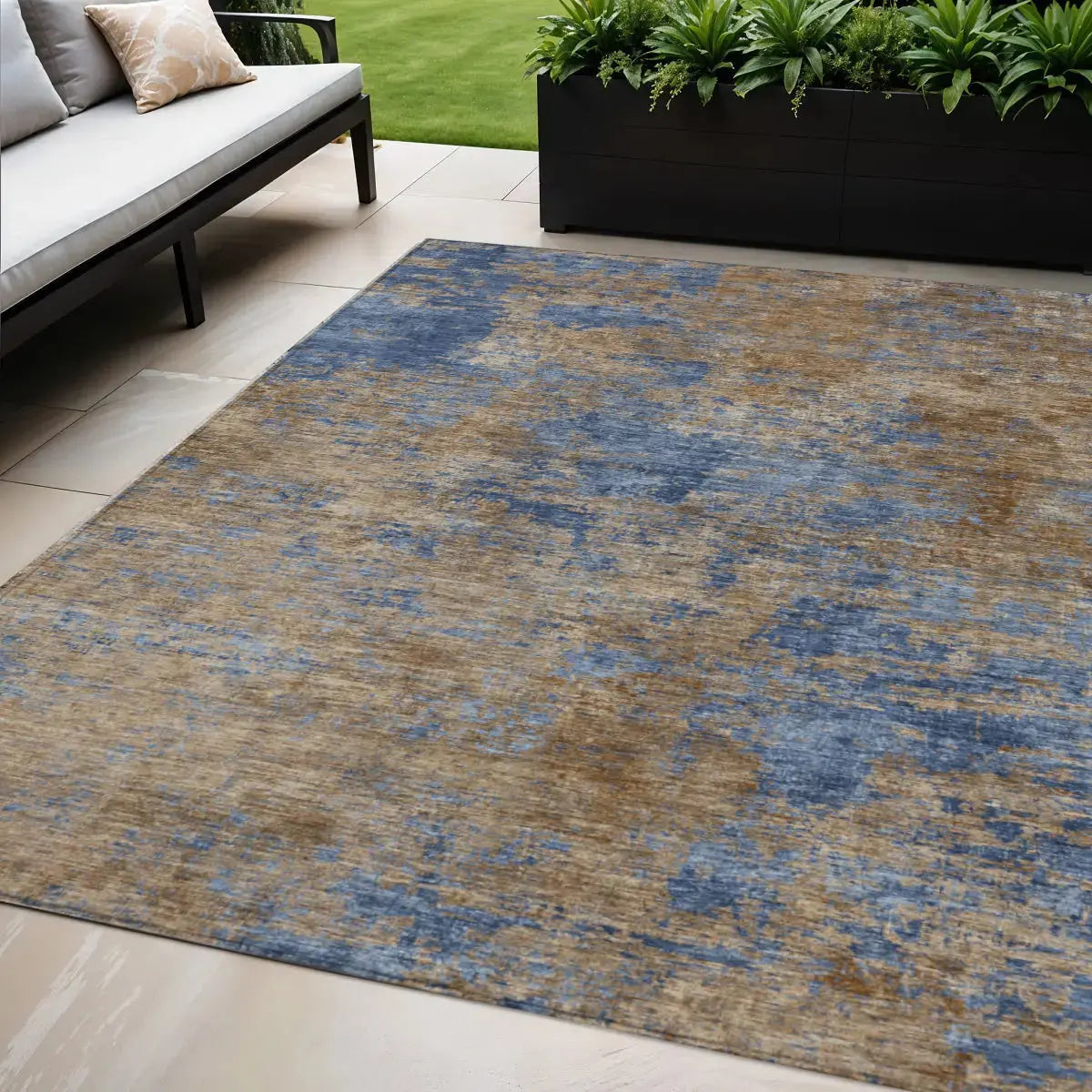 5' X 8' Navy Blue And Brown Abstract Washable Indoor Outdoor Area Rug Homeroots Outdoor