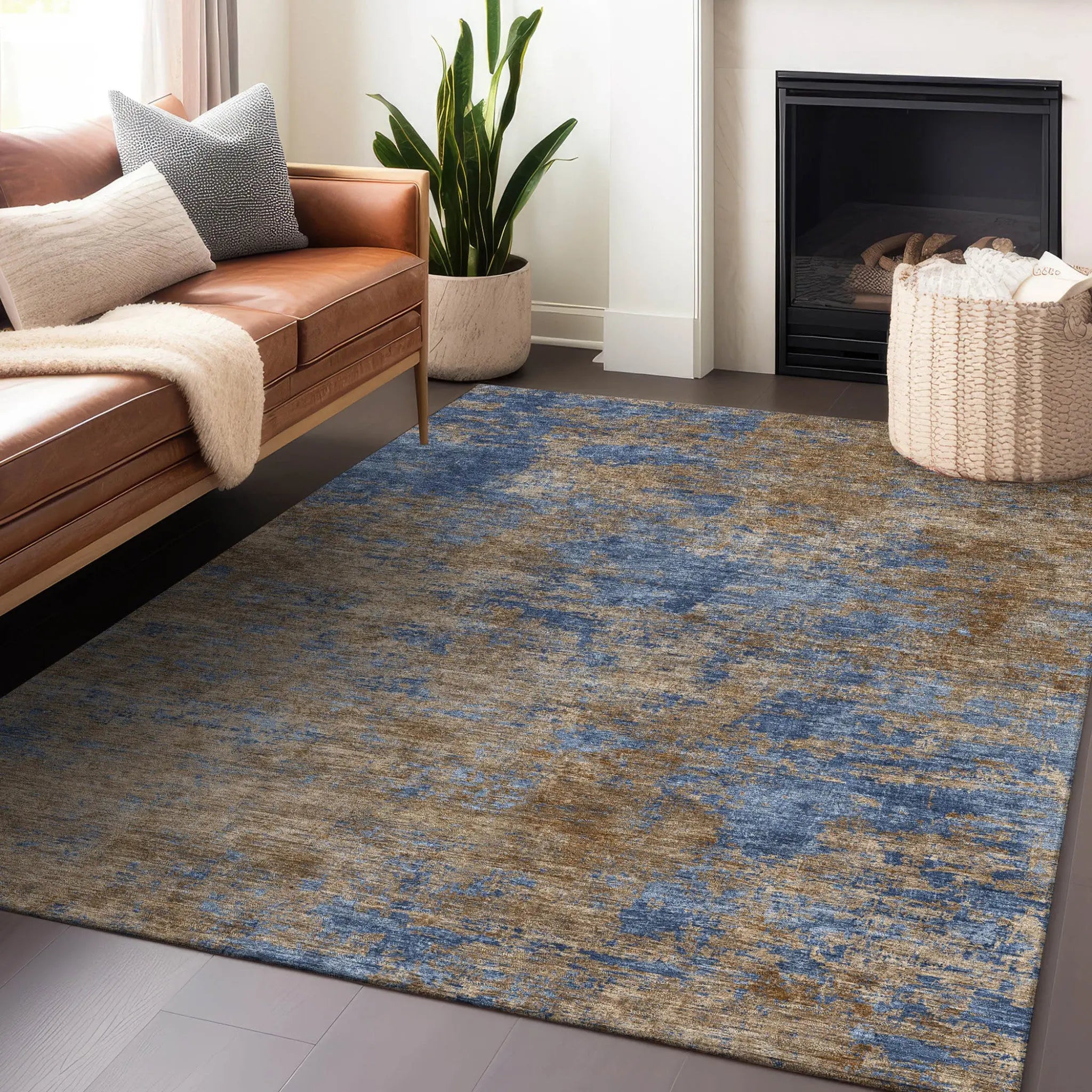 5' X 8' Navy Blue And Brown Abstract Washable Indoor Outdoor Area Rug Homeroots Outdoor