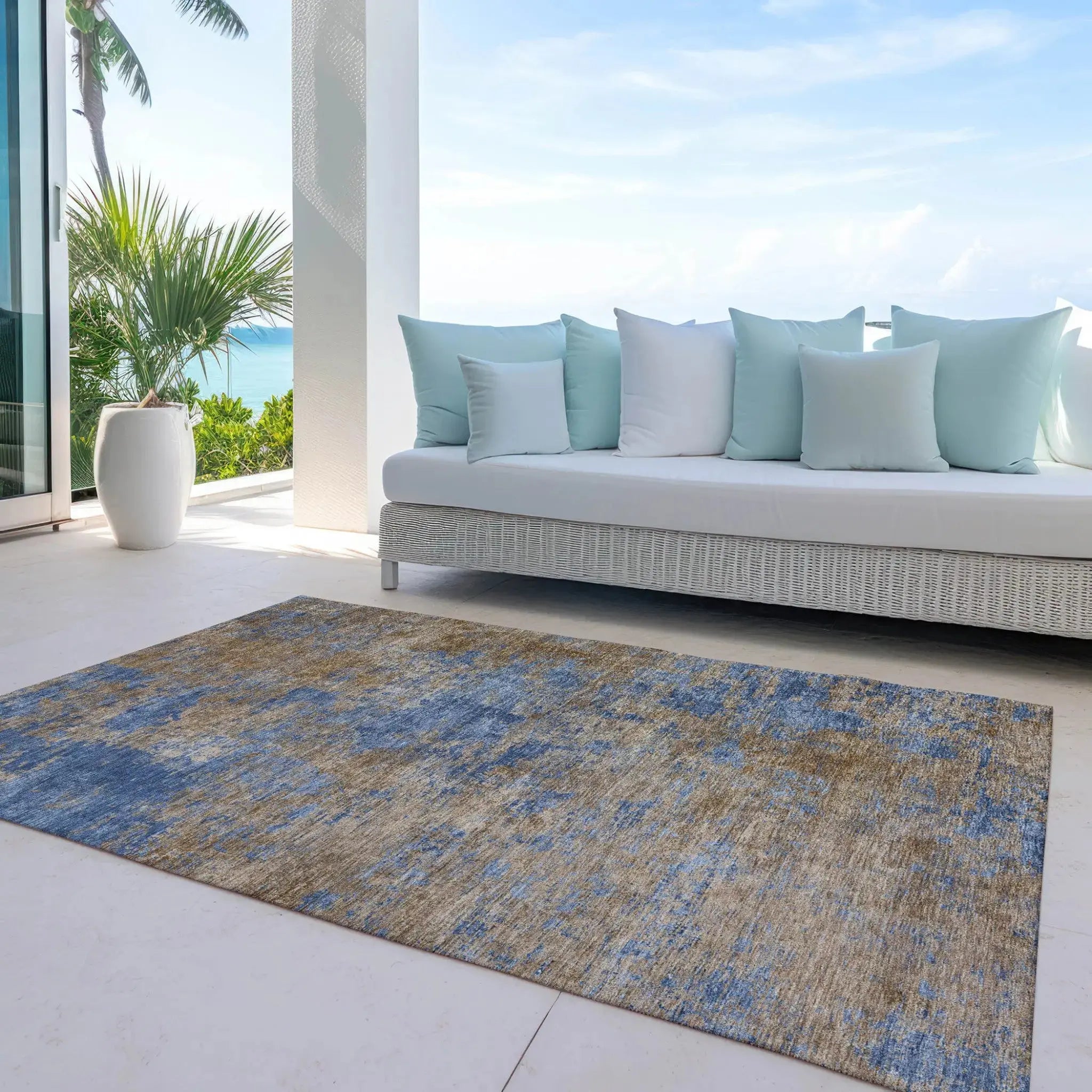 5' X 8' Navy Blue And Brown Abstract Washable Indoor Outdoor Area Rug Homeroots Outdoor
