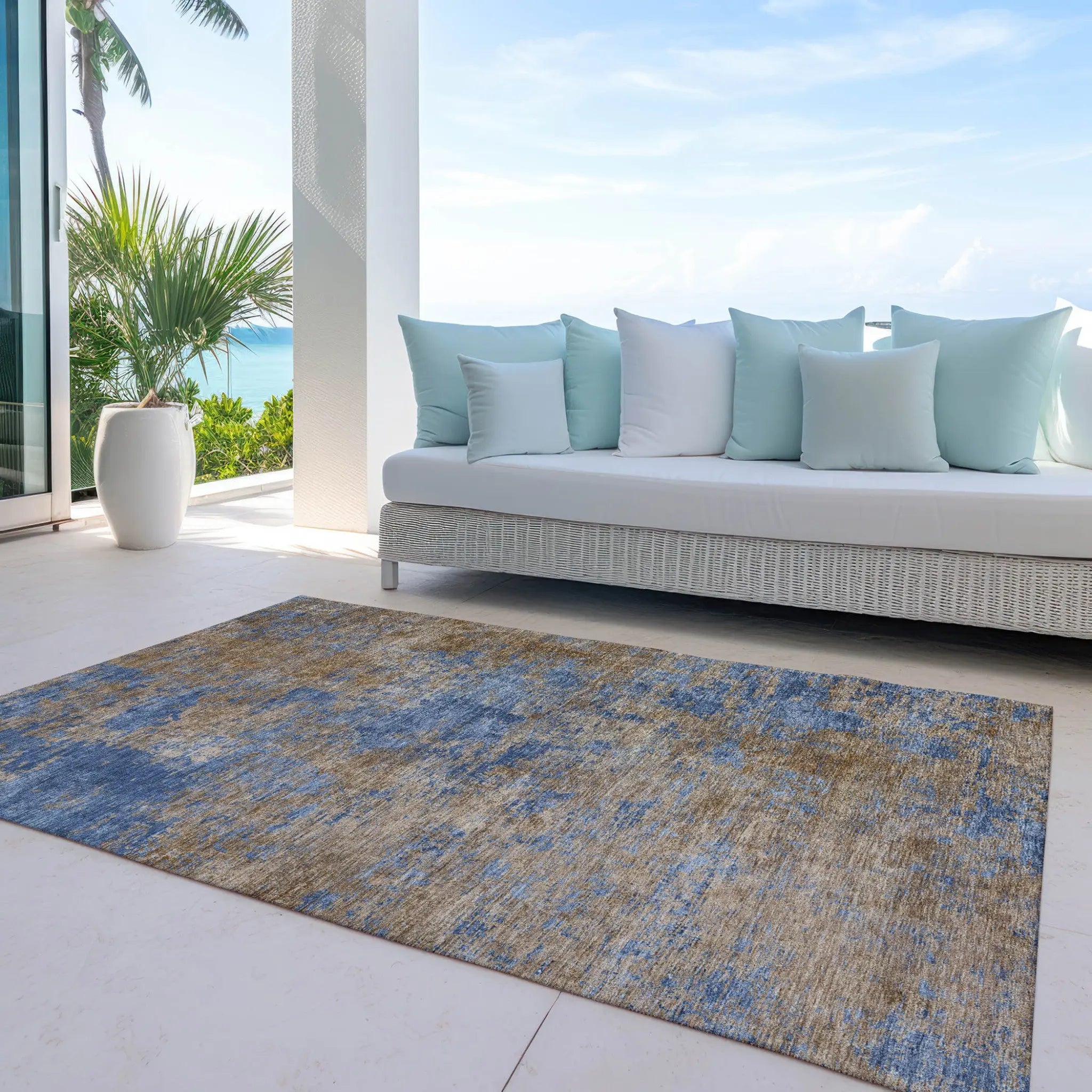 5' X 8' Navy Blue And Brown Abstract Washable Indoor Outdoor Area Rug Homeroots Outdoor