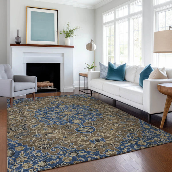 5' X 8' Navy Blue And Brown Floral Medallion Washable Indoor Outdoor Area Rug Homeroots Outdoor