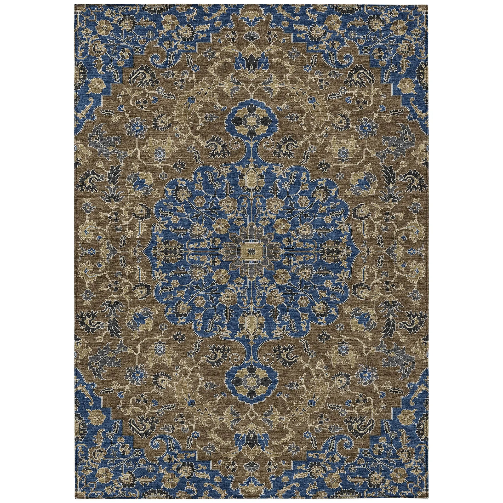 5' X 8' Navy Blue And Brown Floral Medallion Washable Indoor Outdoor Area Rug Homeroots Outdoor
