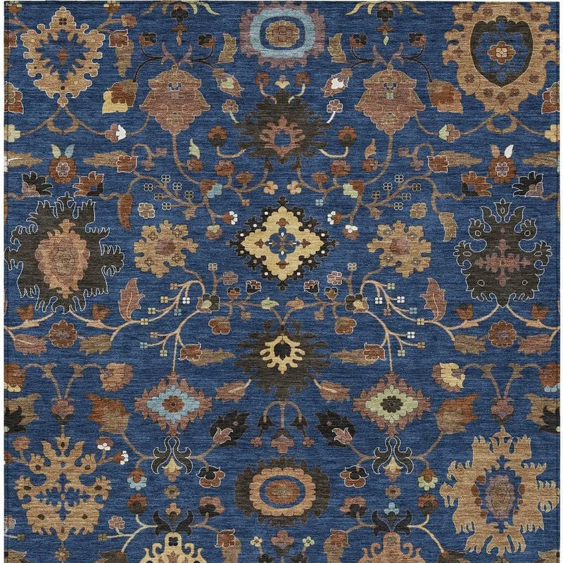 5' X 8' Navy Blue And Copper Floral Medallion Washable Indoor Outdoor Area Rug Homeroots Outdoor
