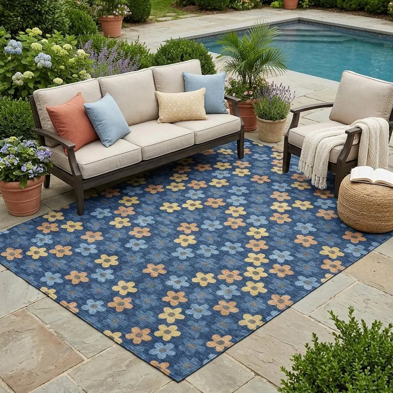 5' X 8' Navy Blue And Copper Floral Washable Indoor Outdoor Area Rug Homeroots Outdoor
