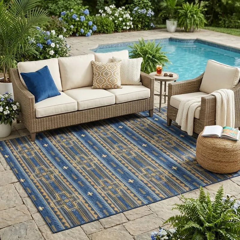5' X 8' Navy Blue And Coral Tribal Washable Indoor Outdoor Area Rug Homeroots Outdoor