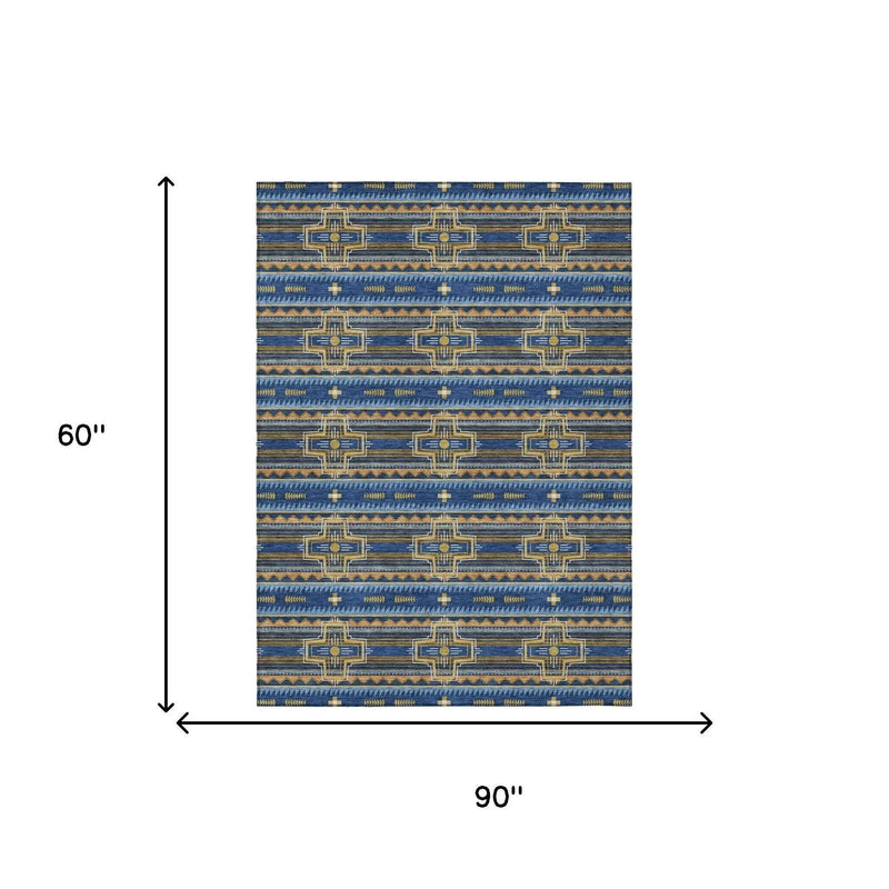 5' X 8' Navy Blue And Coral Tribal Washable Indoor Outdoor Area Rug Homeroots Outdoor