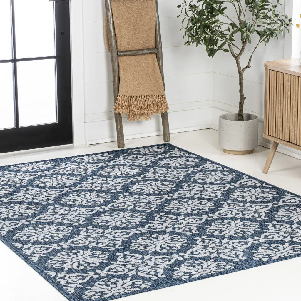 5' X 8' Navy Blue And Cream Floral Indoor Outdoor Area Rug - GreatEagleInc