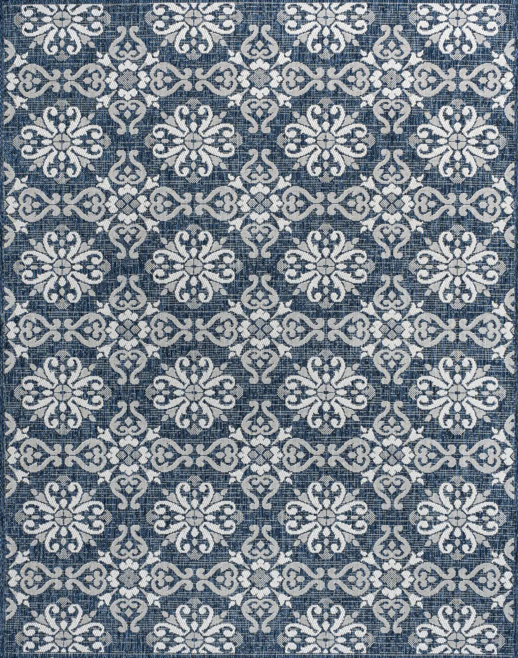 5' X 8' Navy Blue And Cream Floral Indoor Outdoor Area Rug - GreatEagleInc