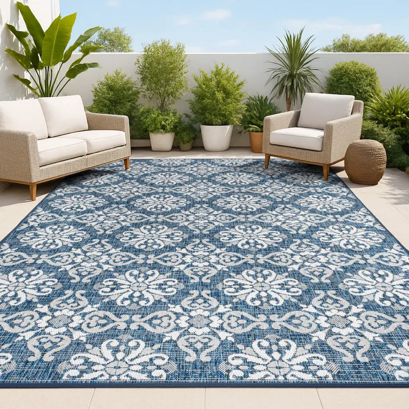 5' X 8' Navy Blue And Cream Floral Indoor Outdoor Area Rug - GreatEagleInc