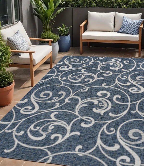 5' X 8' Navy Blue And Cream Floral Indoor Outdoor Area Rug Homeroots Outdoor