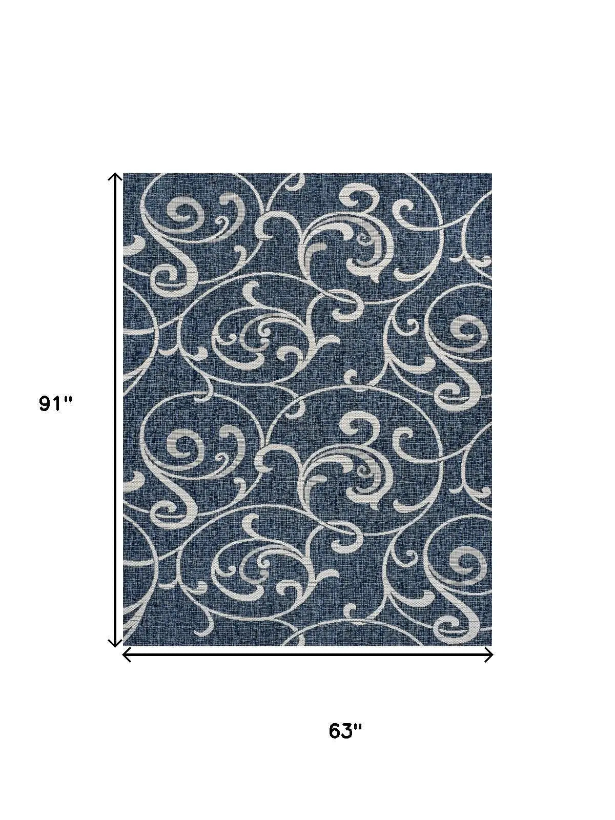 5' X 8' Navy Blue And Cream Floral Indoor Outdoor Area Rug Homeroots Outdoor
