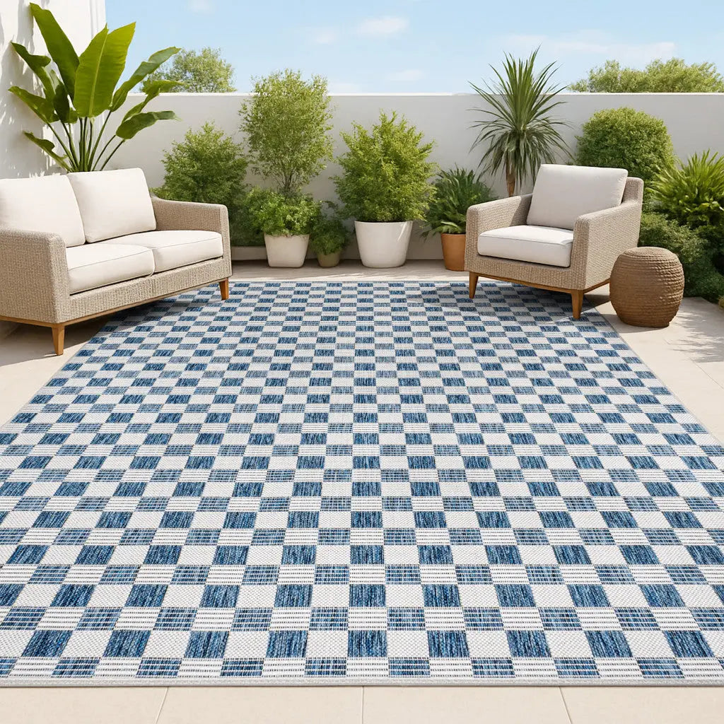 5' X 8' Navy Blue And Cream Geometric Indoor Outdoor Area Rug - GreatEagleInc