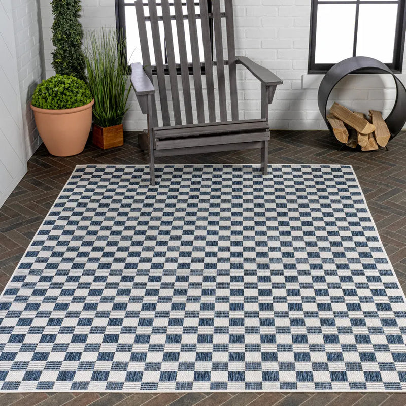 5' X 8' Navy Blue And Cream Geometric Indoor Outdoor Area Rug - GreatEagleInc