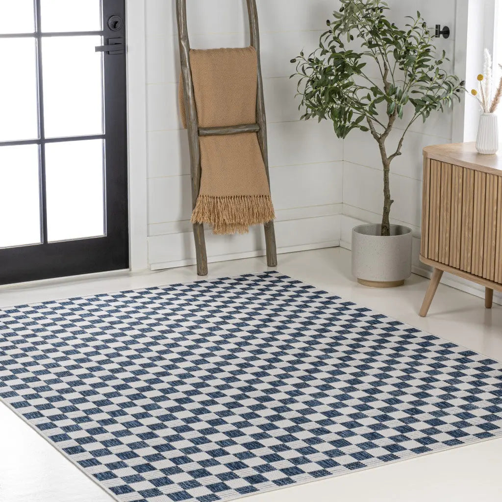 5' X 8' Navy Blue And Cream Geometric Indoor Outdoor Area Rug - GreatEagleInc
