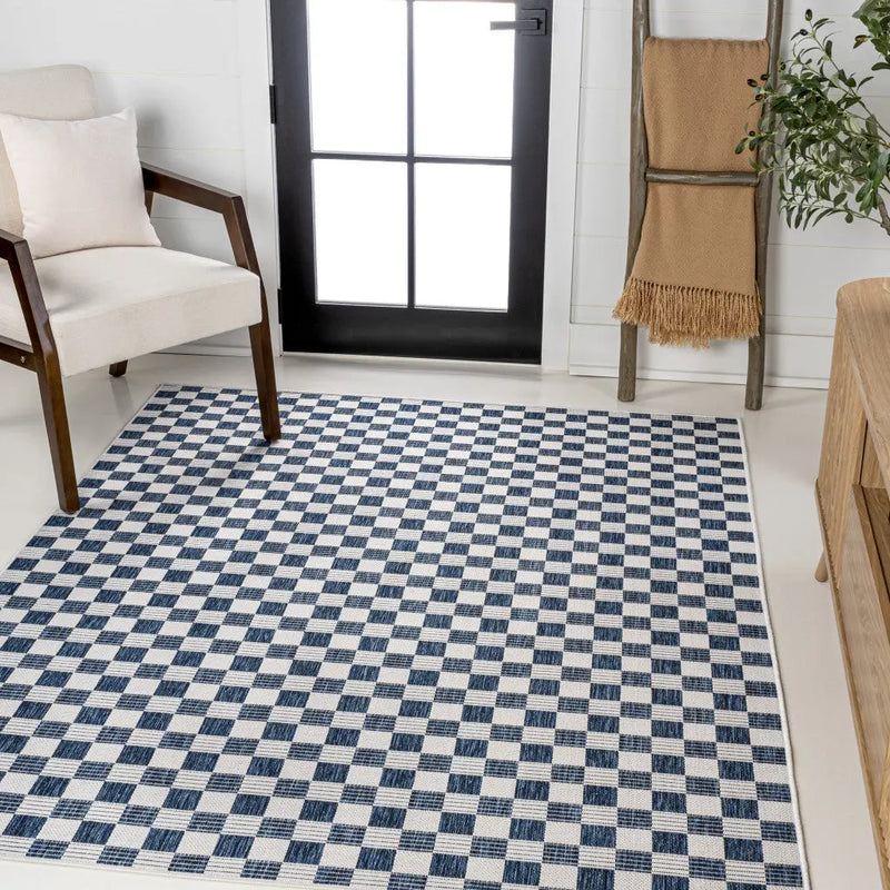 5' X 8' Navy Blue And Cream Geometric Indoor Outdoor Area Rug - GreatEagleInc