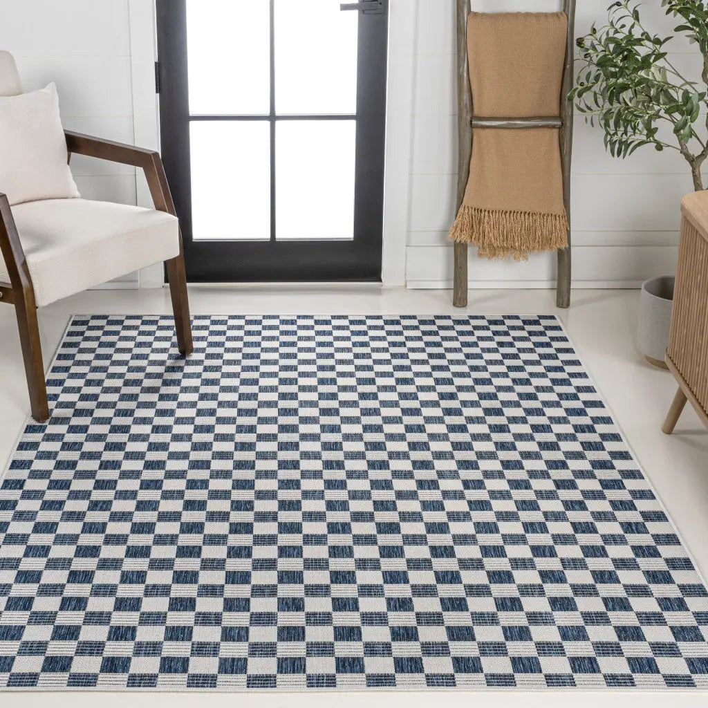 5' X 8' Navy Blue And Cream Geometric Indoor Outdoor Area Rug - GreatEagleInc