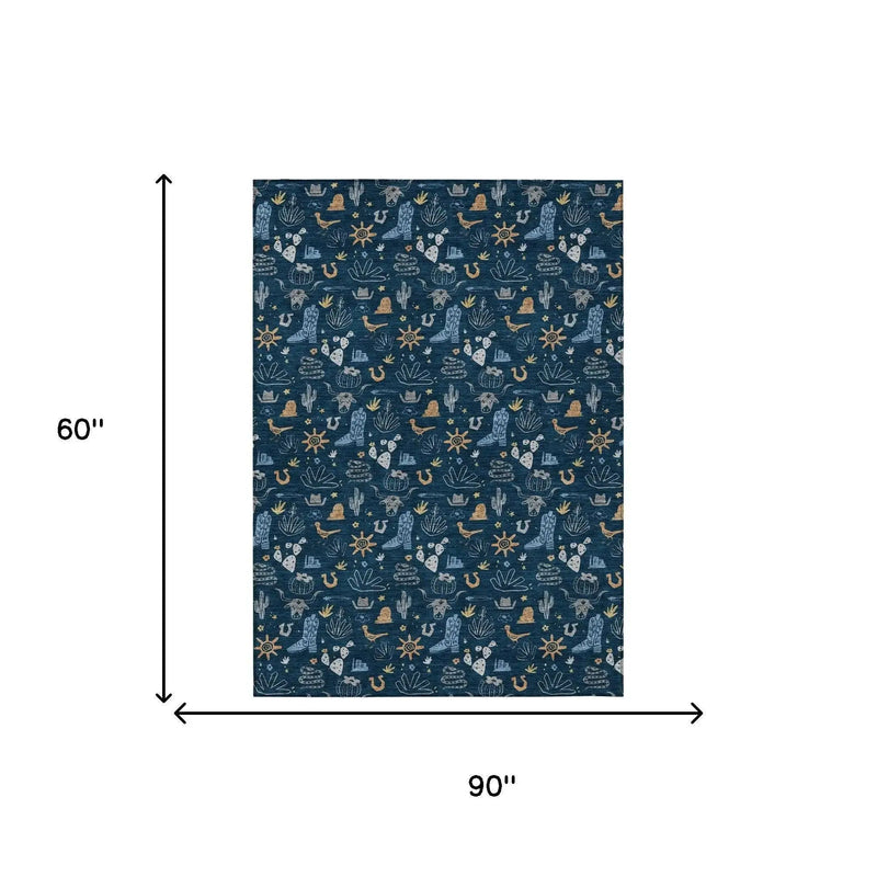 5' X 8' Navy Blue And Denim Blue Cactus Washable Indoor Outdoor Area Rug Homeroots Outdoor