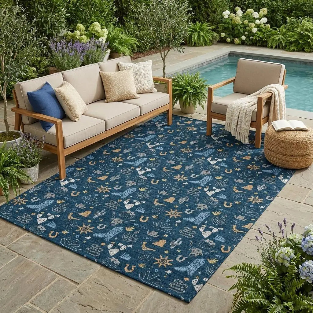 5' X 8' Navy Blue And Denim Blue Cactus Washable Indoor Outdoor Area Rug Homeroots Outdoor