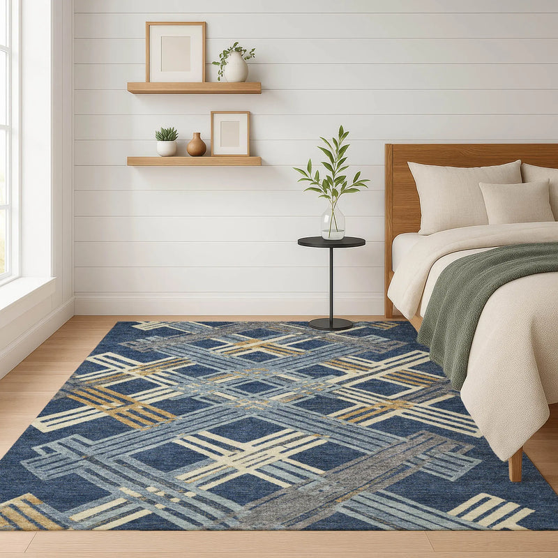 5' X 8' Navy Blue And Denim Blue Geometric Washable Indoor Outdoor Area Rug Homeroots Outdoor