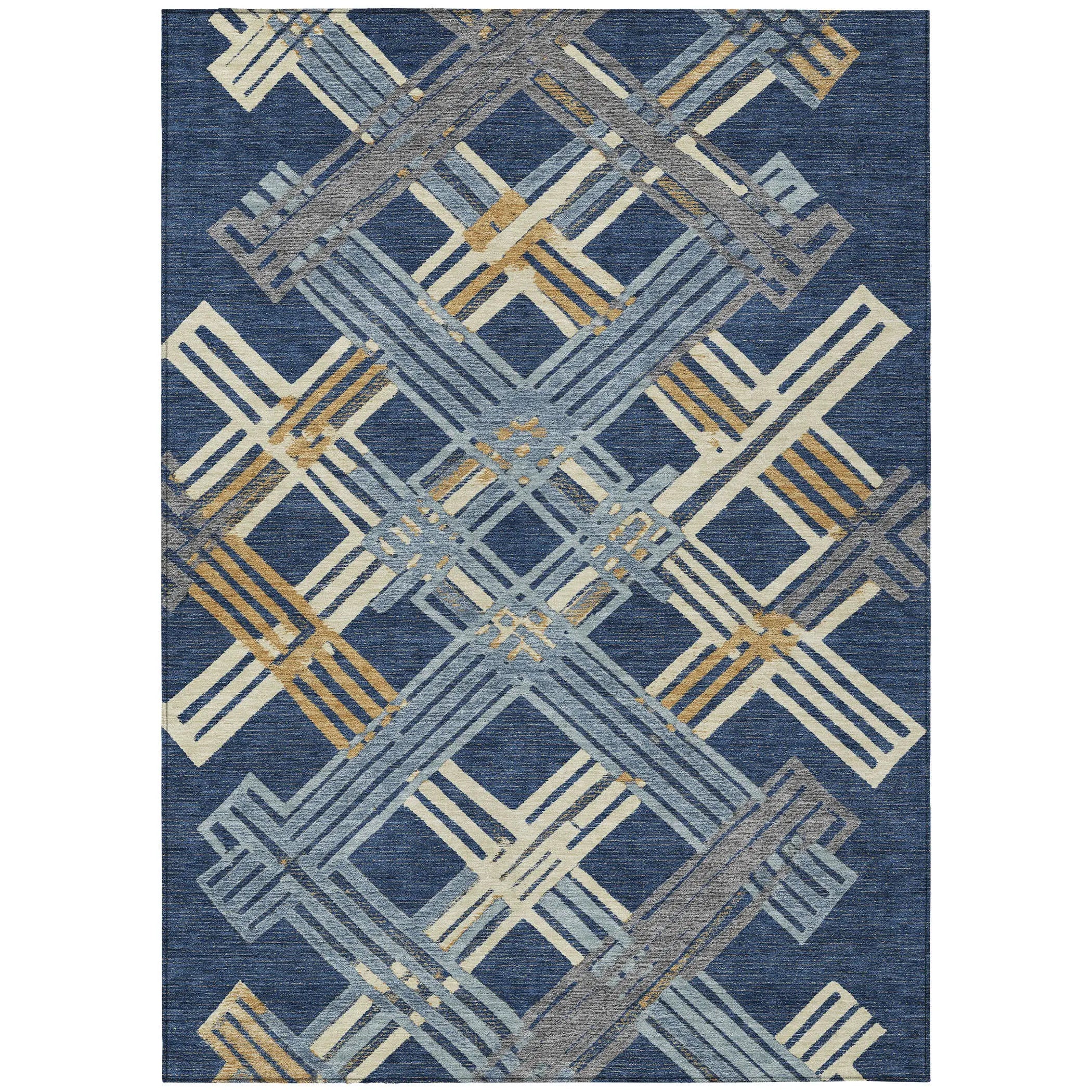 5' X 8' Navy Blue And Denim Blue Geometric Washable Indoor Outdoor Area Rug Homeroots Outdoor