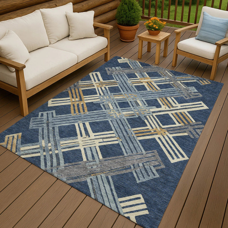 5' X 8' Navy Blue And Denim Blue Geometric Washable Indoor Outdoor Area Rug Homeroots Outdoor