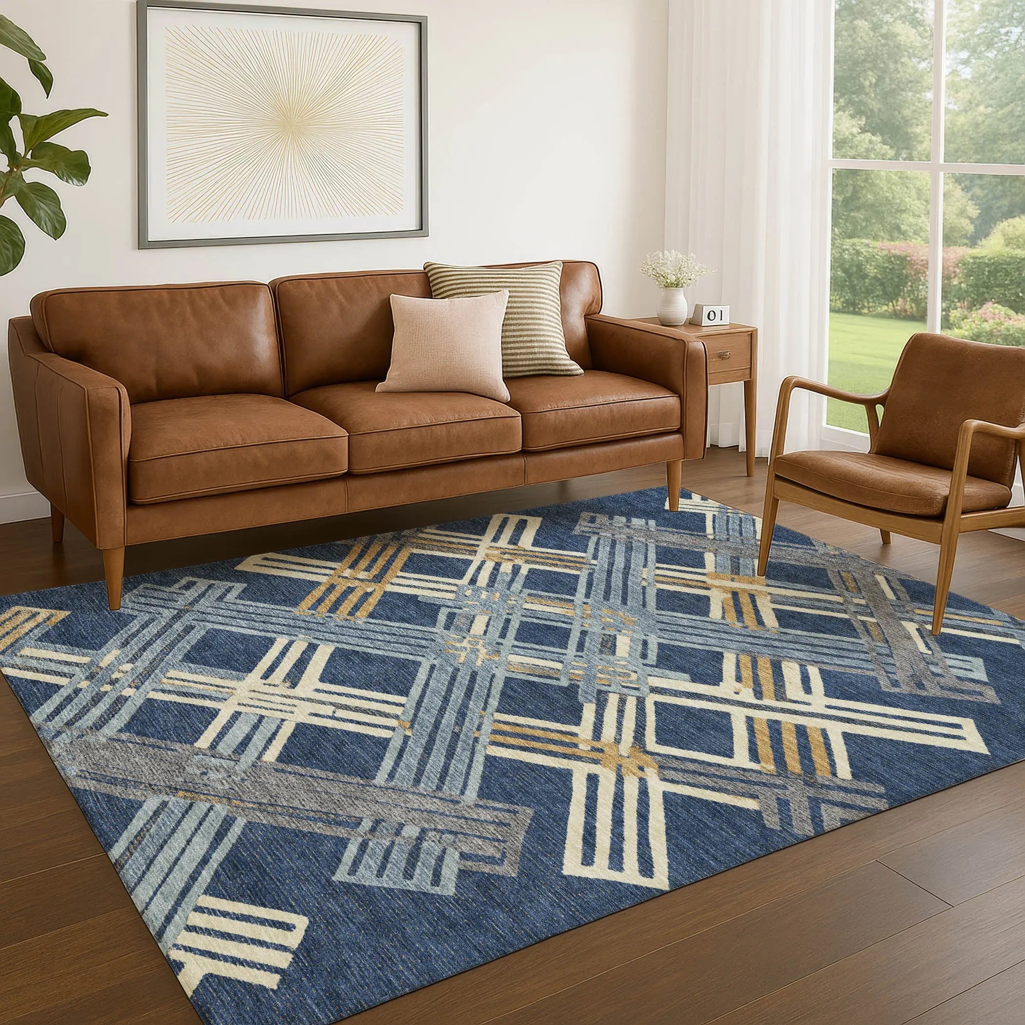5' X 8' Navy Blue And Denim Blue Geometric Washable Indoor Outdoor Area Rug Homeroots Outdoor