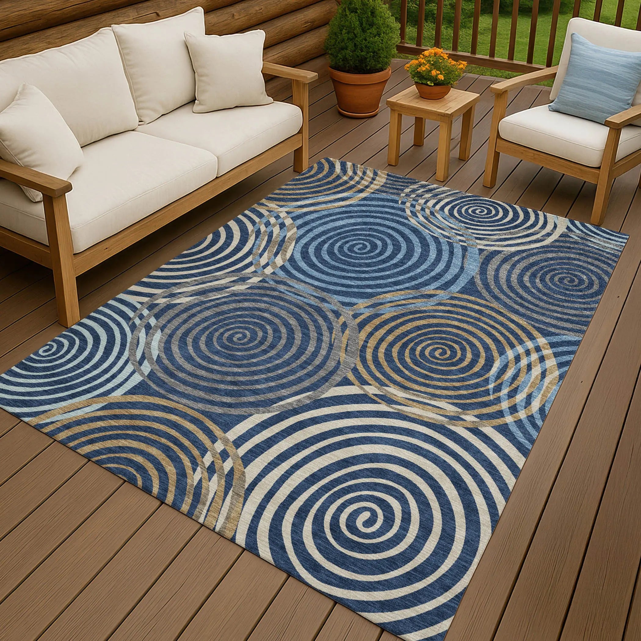 5' X 8' Navy Blue And Denim Blue Geometric Washable Indoor Outdoor Area Rug Homeroots Outdoor