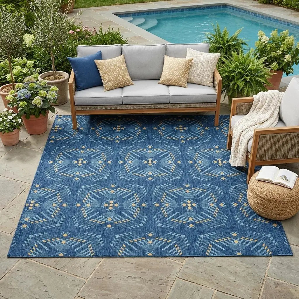5' X 8' Navy Blue And Denim Blue Geometric Washable Indoor Outdoor Area Rug Homeroots Outdoor