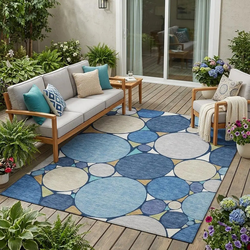 5' X 8' Navy Blue And Denim Blue Geometric Washable Indoor Outdoor Area Rug Homeroots Outdoor