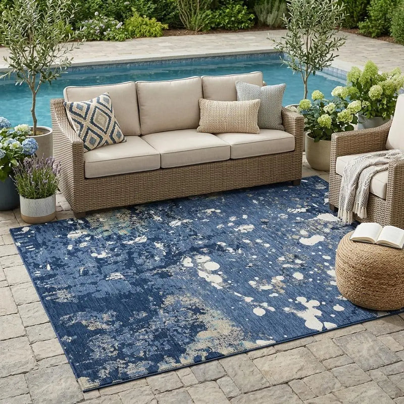 5' X 8' Navy Blue And Fern Green Abstract Washable Indoor Outdoor Area Rug Homeroots Outdoor