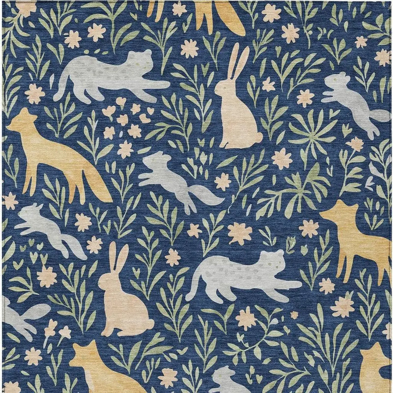 5' X 8' Navy Blue And Gold Botanical Leaves Washable Indoor Outdoor Area Rug Homeroots Outdoor
