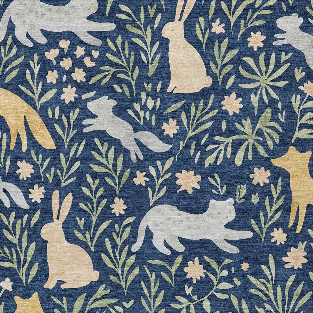 5' X 8' Navy Blue And Gold Botanical Leaves Washable Indoor Outdoor Area Rug Homeroots Outdoor