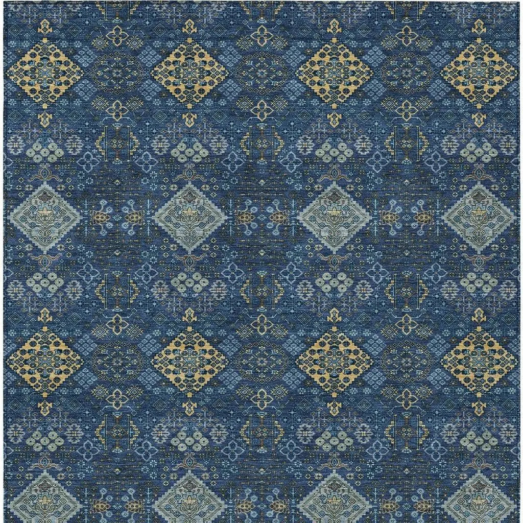 5' X 8' Navy Blue And Gold Geometric Washable Indoor Outdoor Area Rug Homeroots Outdoor