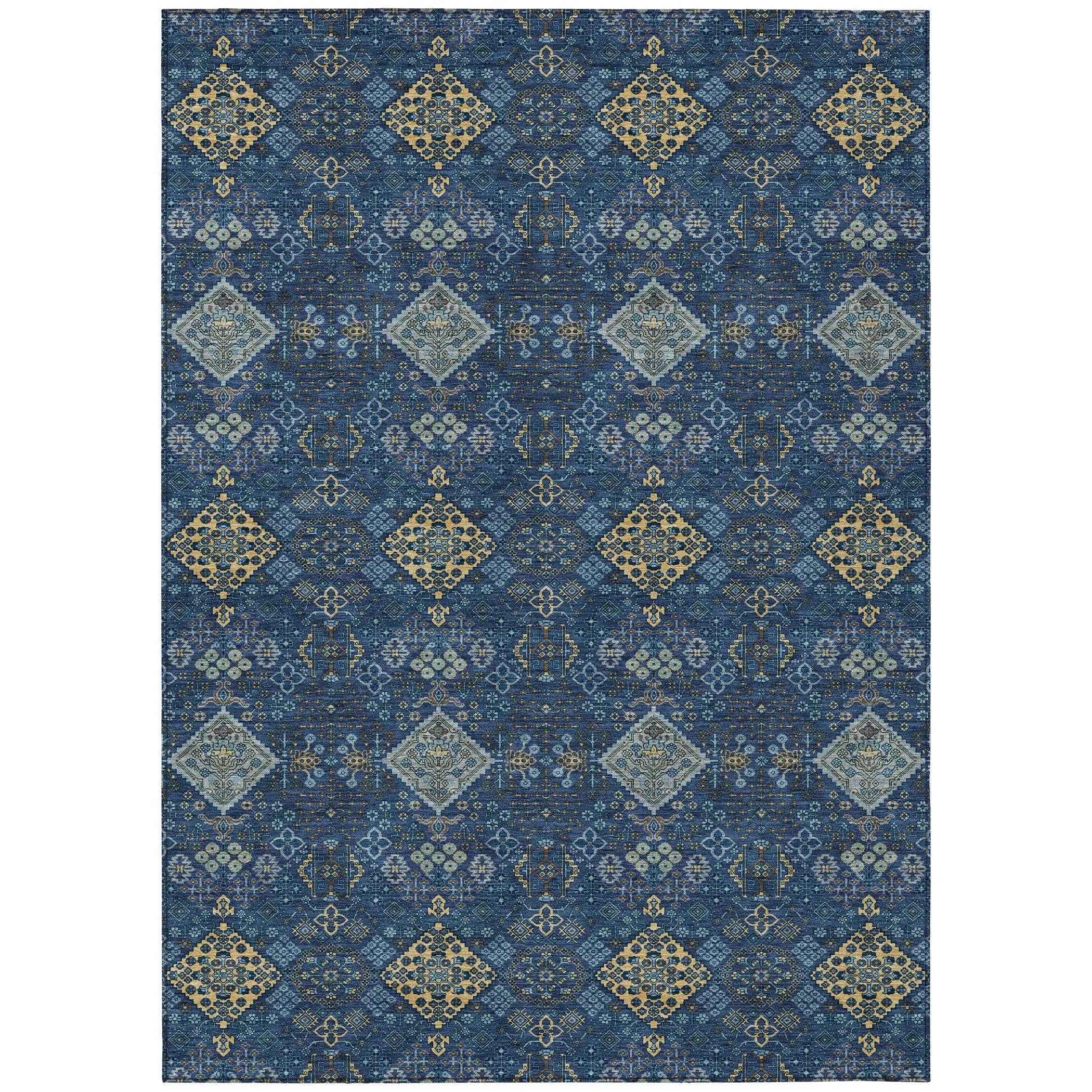 5' X 8' Navy Blue And Gold Geometric Washable Indoor Outdoor Area Rug Homeroots Outdoor