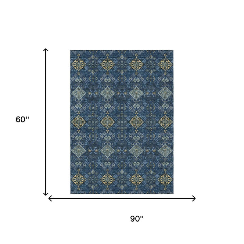5' X 8' Navy Blue And Gold Geometric Washable Indoor Outdoor Area Rug Homeroots Outdoor