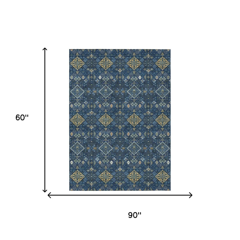 5' X 8' Navy Blue And Gold Geometric Washable Indoor Outdoor Area Rug Homeroots Outdoor