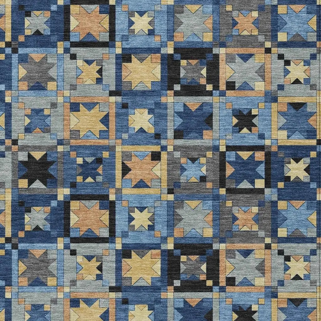 5' X 8' Navy Blue And Gold Patchwork Washable Indoor Outdoor Area Rug Homeroots Outdoor