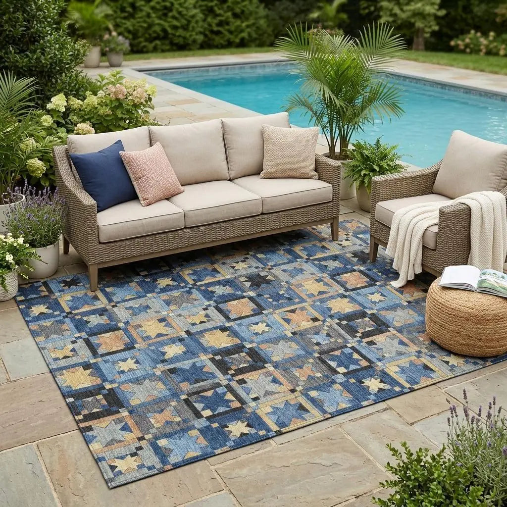 5' X 8' Navy Blue And Gold Patchwork Washable Indoor Outdoor Area Rug Homeroots Outdoor