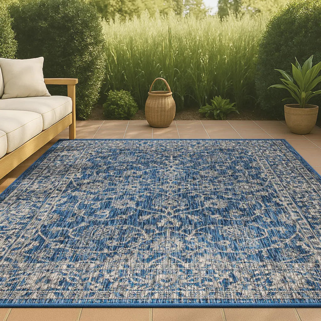 5' X 8' Navy Blue And Gray Medallion Indoor Outdoor Area Rug Homeroots Outdoor