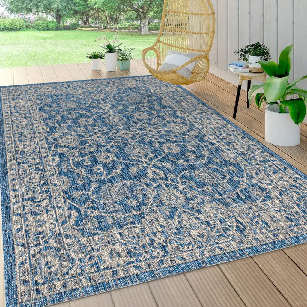 5' X 8' Navy Blue And Gray Medallion Indoor Outdoor Area Rug Homeroots Outdoor