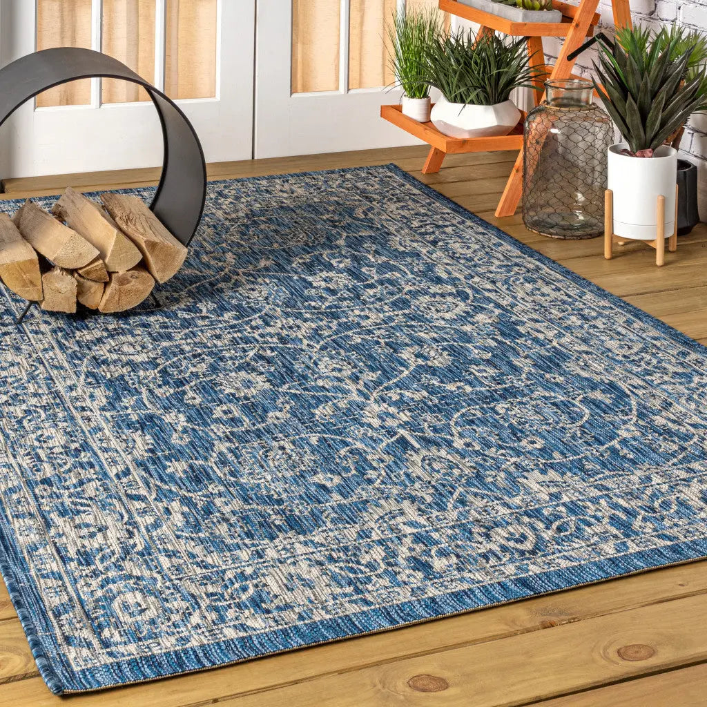 5' X 8' Navy Blue And Gray Medallion Indoor Outdoor Area Rug Homeroots Outdoor
