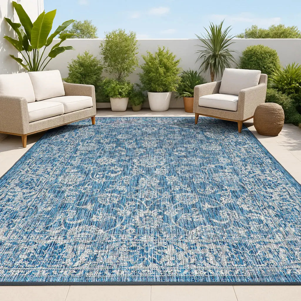 5' X 8' Navy Blue And Gray Medallion Indoor Outdoor Area Rug Homeroots Outdoor