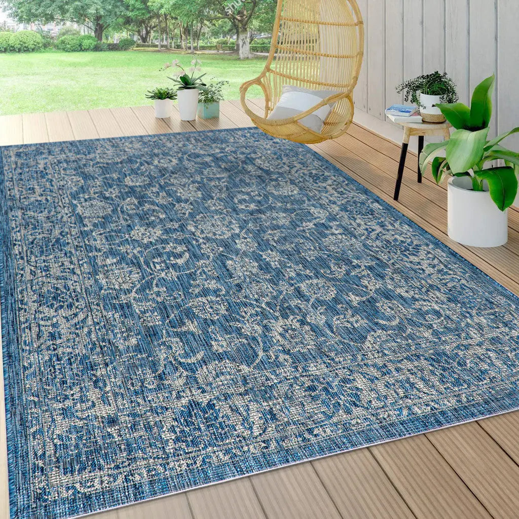 5' X 8' Navy Blue And Gray Medallion Indoor Outdoor Area Rug Homeroots Outdoor