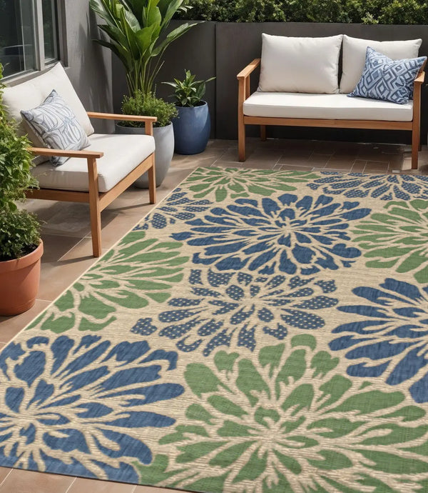 5' X 8' Navy Blue And Green Floral Indoor Outdoor Area Rug Homeroots Outdoor